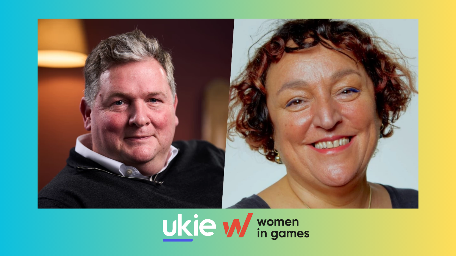 Ukie and Women in Games promotional graphic with images of a professional man and women on a multicoloured background