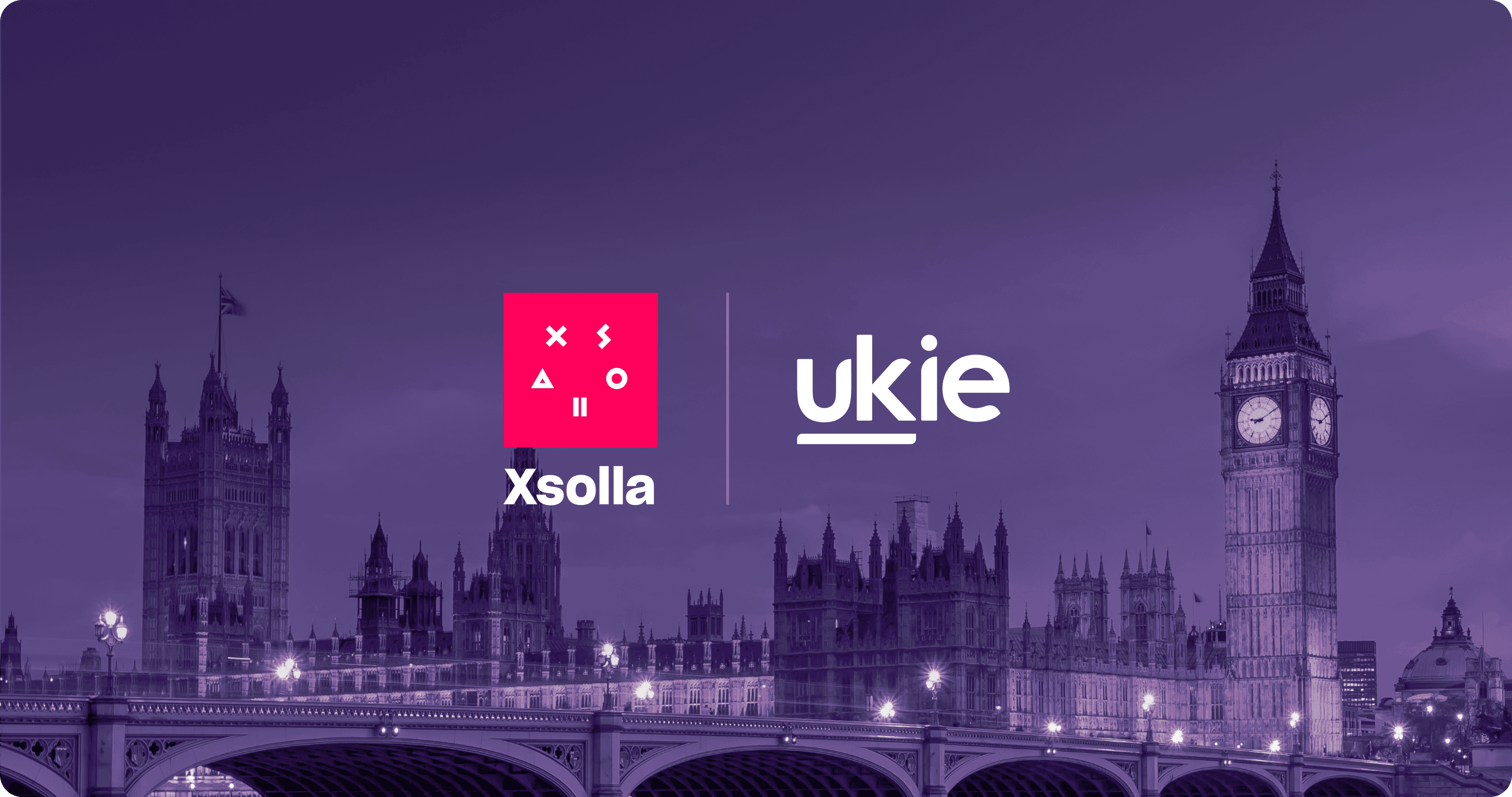 Ukie and Xsolla promotional graphic on a purple background with a London landmark