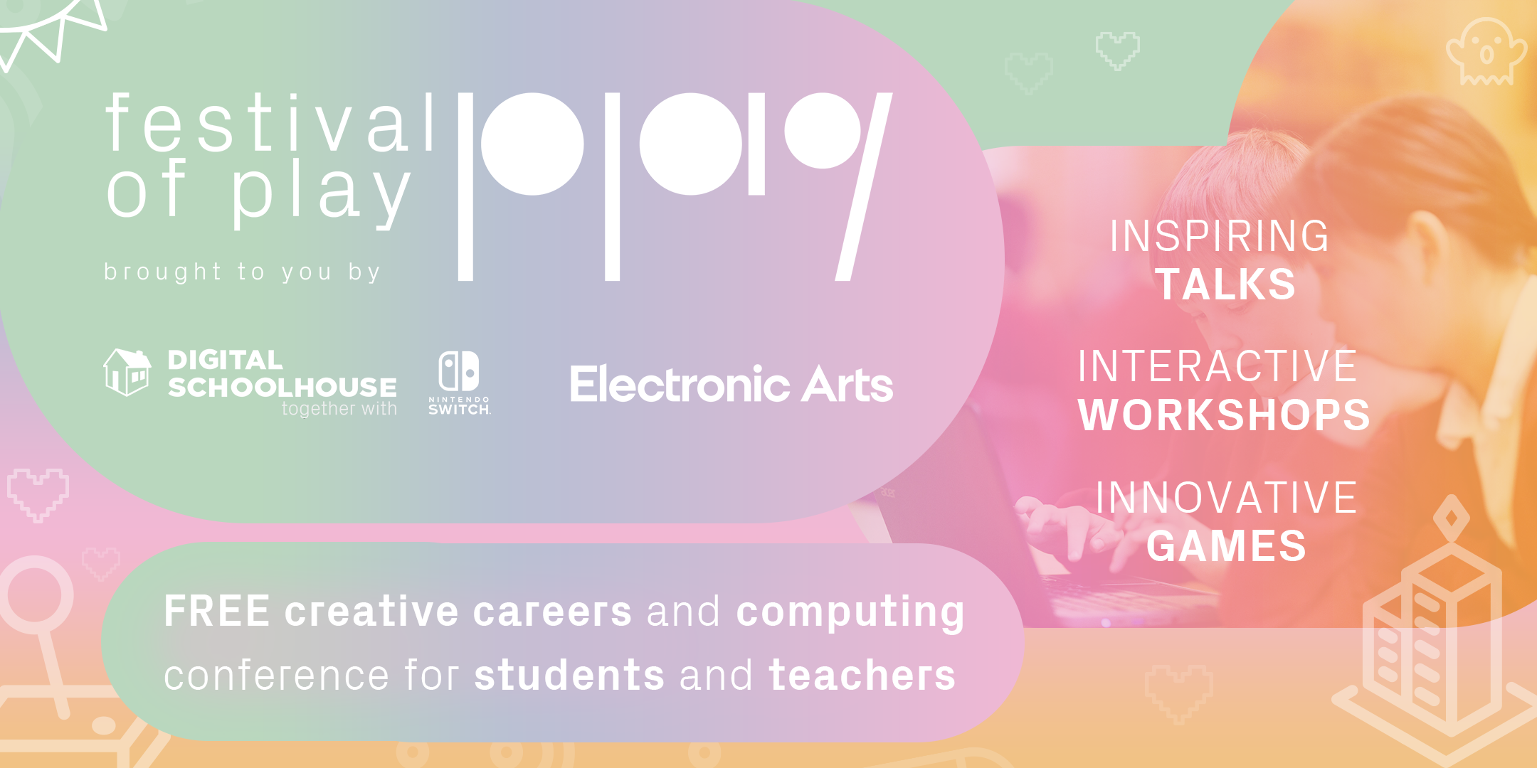 Tropical colour promotional banner for Festival of Play with abstract shapes and informational text in white